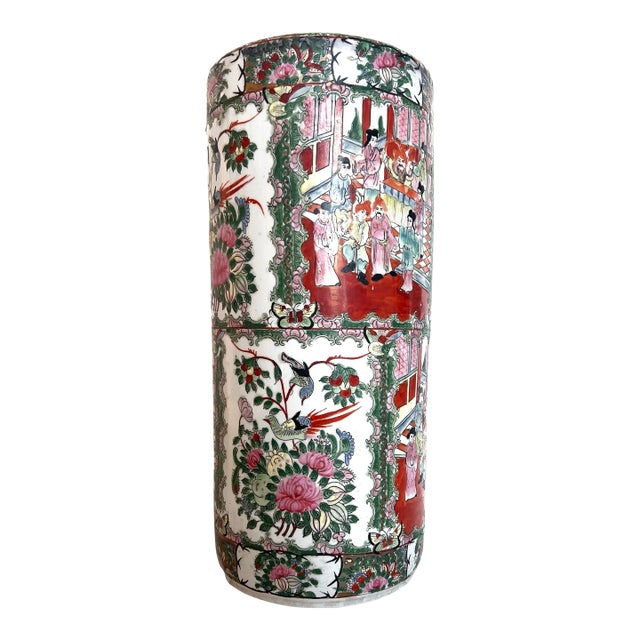 Rose Medallion Porcelain Umbrella Stand For Sale