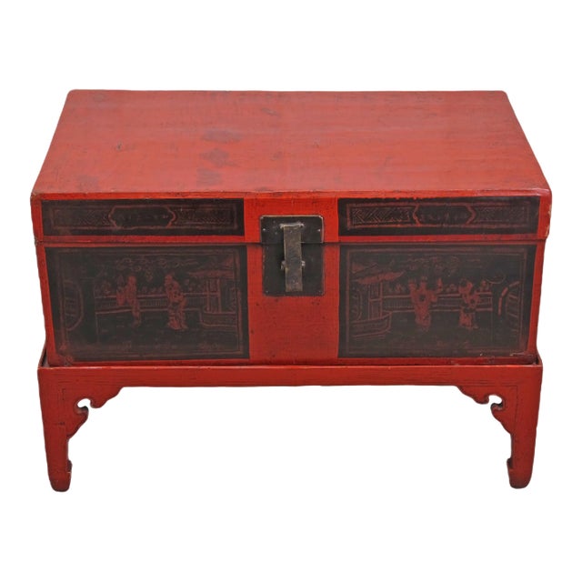 Red Antique Accent Cabinet Trunk With a Stand For Sale