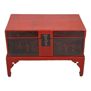 Red Antique Accent Cabinet Trunk With a Stand