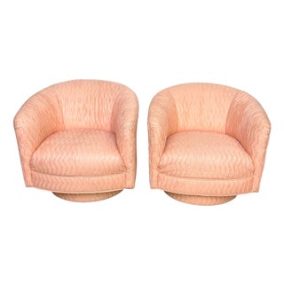 Pair of Diminutive 1970s Pink Silk Channel-Quilted Swivel Club Chairs For Sale