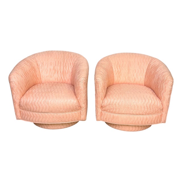Pair of Diminutive 1970s Pink Silk Channel-Quilted Swivel Club Chairs For Sale