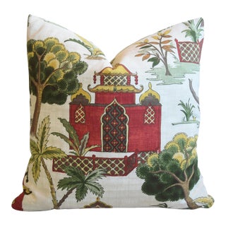Chinoiserie Asian Pagoda Pavilion Linen Feather/Down Pillow 18” Square For Sale