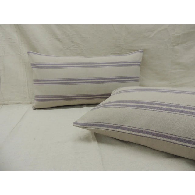 Modern Lavender and Natural Stripes Long Bolster Decorative Pillows From Portugal - A Pair For Sale - Image 3 of 8