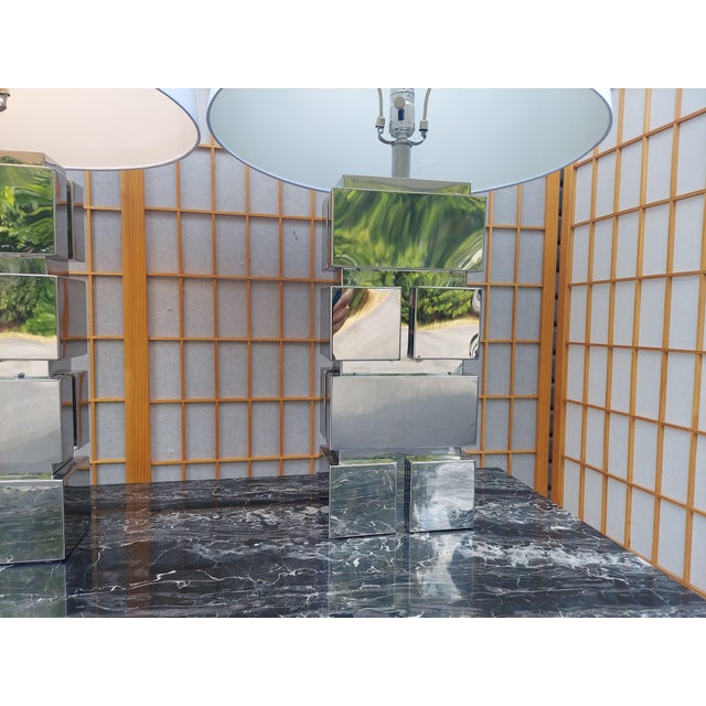 Pair of 1980s Chrome Stacked Geometric Table Lamps Possibly in the Style of Curtis Jere For Sale - Image 9 of 12