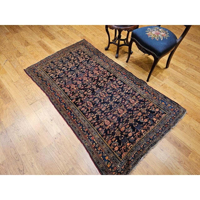 Persian Antique Persian Senneh Area Rug, Hand-Knotted Wool, Allover Herati Pattern, Navy & Red, 4x6 For Sale - Image 3 of 18