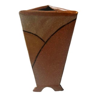 Vintage 1980s Vase Fired Terra Cotta Geometric Design Triangular Shape For Sale