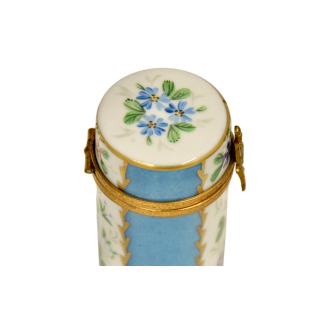 1970s Limoges Blue Panel Floral Cylinder Accent Box For Sale - Image 5 of 6