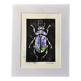 Original Hand-Carved Linocut Print Beetle With Watercolor - Amethyst Variant For Sale