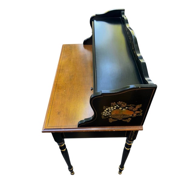 American Early 20th Century Ethan Allen Hitchcock Style Stenciled & Ebonized Ladies Writing Desk and Woven Rush Seat For Sale - Image 3 of 11