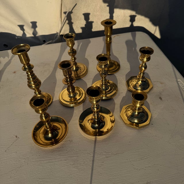 English 1990s Baldwin, Et Al. Brass Candlestick Collection- Set of 9 For Sale - Image 3 of 7