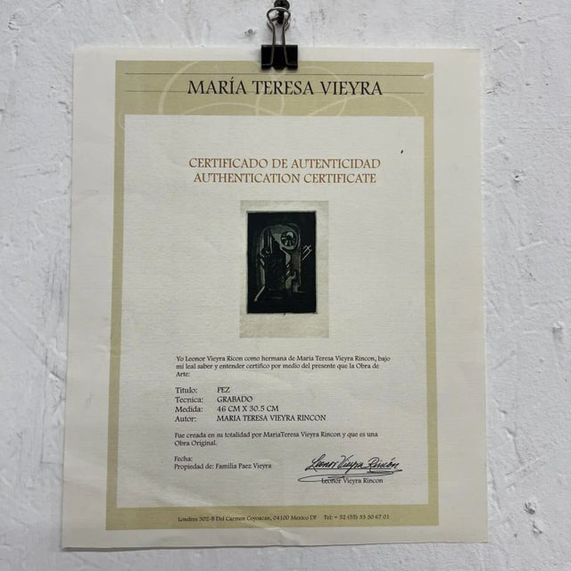 Paper Maria Teresa Vieyra Rincon Original Abstract Art Paper Engraving 6/25 Pez Fish For Sale - Image 7 of 13