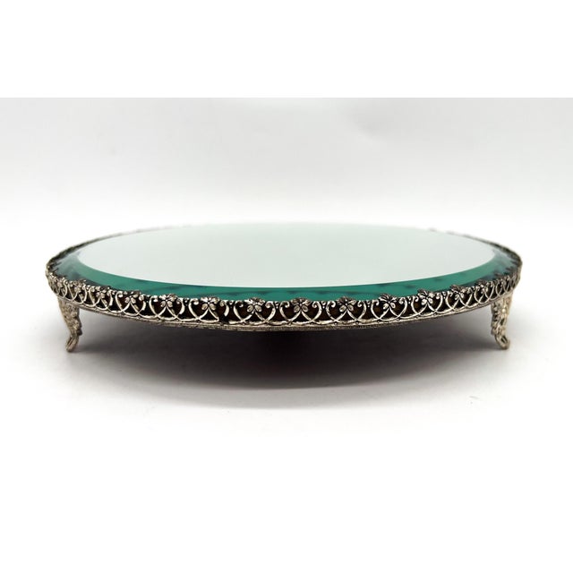 8" Vintage Round Mirrored Plateau Tray With Ornate Silver-Tone Gallery – Hollywood Regency / Neoclassical For Sale In Houston - Image 6 of 15