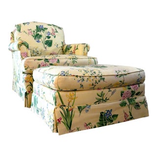 Late 20th Century Henredon Custom Yellow Floral Chintz Upholstered Armchair With Ottoman For Sale