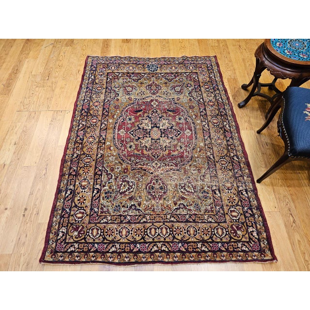 19th Century Persian Kerman Lavar Rug, Hand-Knotted Wool & Silk, Floral Pattern, Gold & Red, 4x6 For Sale - Image 16 of 16