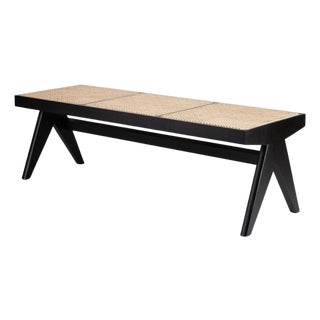 057 Civil Bench in Black Lacquered Wood and Woven Cane by Pierre Jeanneret for Cassina For Sale