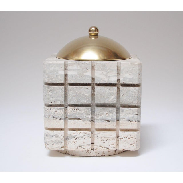 Unique travertine 'cube' decorative box with brass dome lid and hollowed out cylindrical interior storage compartment...