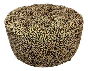 Round Ottoman 33-In Dia, Newly Upholstered in Designer Leopard Print Chenille