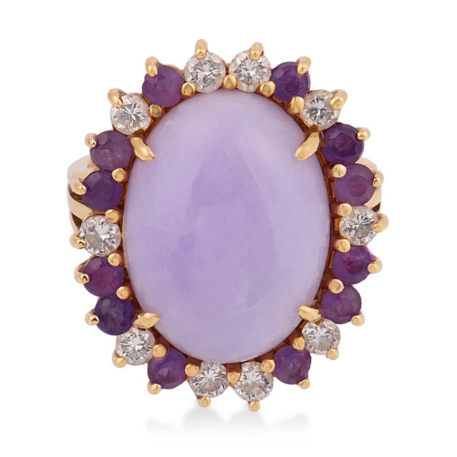 Contemporary Vintage Lavender Jade Amethyst Diamond 14k Yellow Gold Cluster Ring, Size 5 For Sale - Image 3 of 6