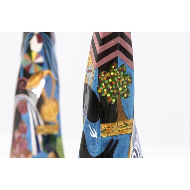 Robert Lipnick Candlestick Holders 1994 Signed Hand Painted Pottery Postmodern For Sale - Image 4 of 7