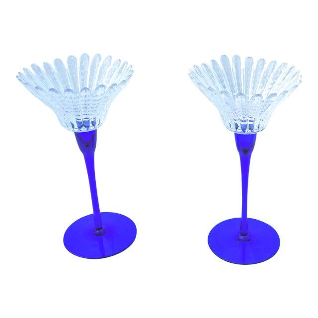 Vintage Large Blue-Stemmed Crystal Candle Holders - Set of 2 For Sale