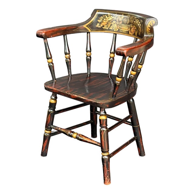 American Ebonized Captain's Chair With Federal Style Fruitful Bounty Basket For Sale