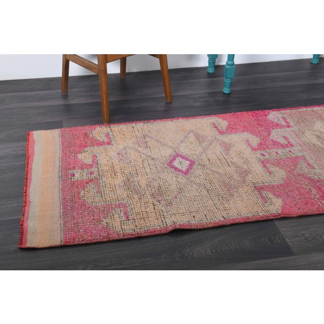 1970s 1970s Vintage Turkish Hand-Knotted Wool Cotton Pink Runner Rug For Sale - Image 5 of 11
