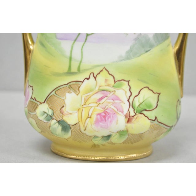 Antique Nippon Hand Painted Porcelain Twin Handle Vase W /Flowers & Lake Scene For Sale - Image 10 of 15
