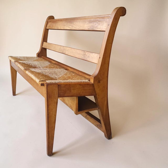 Rustic European 1940s Dutch Oak Hall Bench With Handwoven Rush Seat, Pair Available For Sale - Image 3 of 7