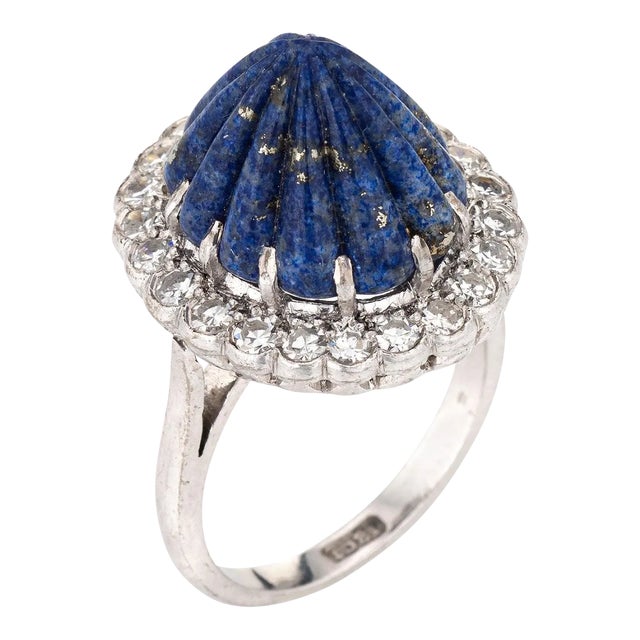 Mid 20th Century Fluted Lapis Lazuli Diamond Ring 18k White Gold Mid Century Sz 5.75 For Sale