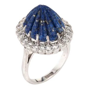 Mid 20th Century Fluted Lapis Lazuli Diamond Ring 18k White Gold Mid Century Sz 5.75