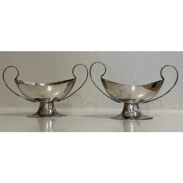 Antique Continental European Silver-Plated Neoclassical Navette Pedestal Open Salt Cellars - A Pair For Sale - Image 10 of 11