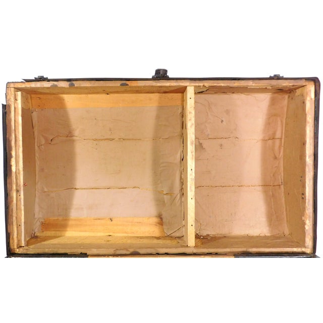 Antique Alligator Skin Design Metal, & Oak Slats Camelback Domed, Wheeled Steamer Trunk For Sale - Image 9 of 11