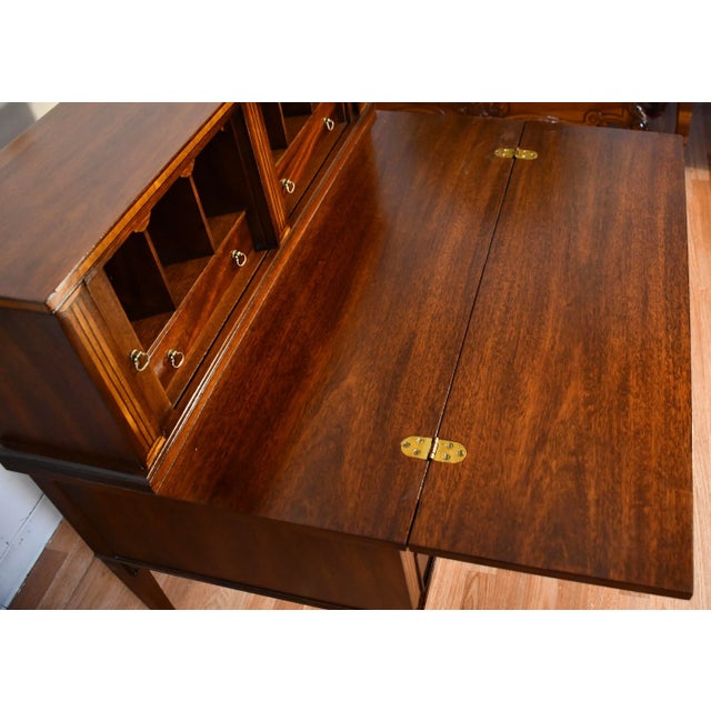 1920 Antique English Edwardian Mahogany Inlaid Secretary / Tambour Writing Desk For Sale - Image 4 of 13