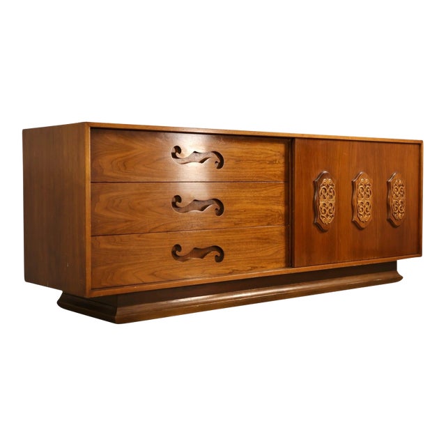 Attributed to Young Manufacturing Vintage Mid Century Modern Brutalist Spanish Revival Lowboy Dresser C. 1960s For Sale