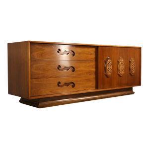 Attributed to Young Manufacturing Vintage Mid Century Modern Brutalist Spanish Revival Lowboy Dresser C. 1960s