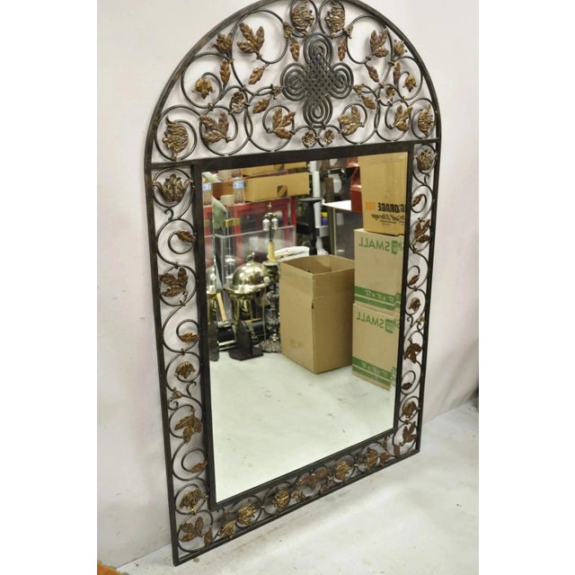 Late 20th Century LaBarge Italian Mediterranean Wrought Iron Flower Leaf Scroll Arched Wall Mirror For Sale - Image 10 of 10