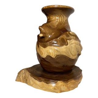 Modern Handmade Turned High Gloss Wood Vase Sculpture With Matching Base For Sale