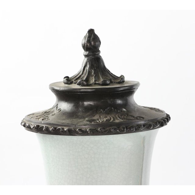 Green Early 20th Century Chinese Celadon Gu Shaped Porcelain Vases with Metal Covers and Base - A Pair For Sale - Image 8 of 18