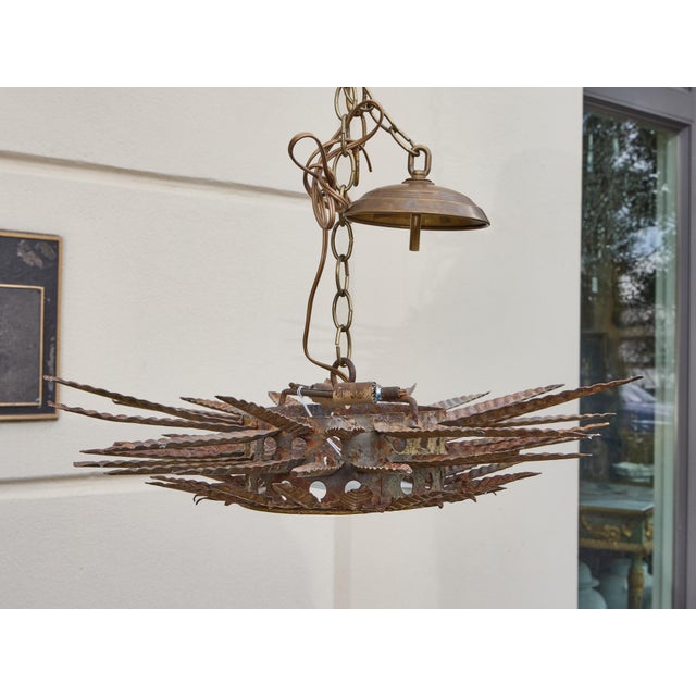 Gold Mid 20th Century Spanish Gilt Metal Sunburst Chandelier with Frosted Glass For Sale - Image 8 of 11