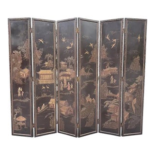 Asian Chinoiserie Coromandel Six-Panel Gilt Bronze Folding Screen For Sale