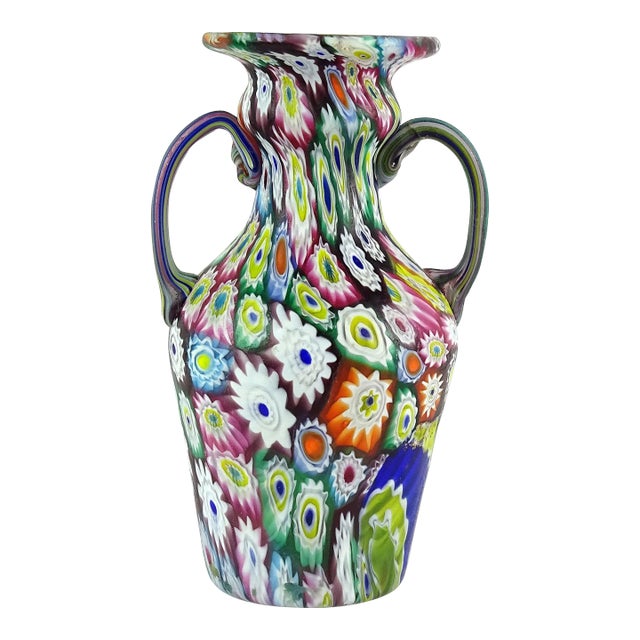 Vintage Murano Fratelli Toso Millefiori Flower Mosaic Rainbow Colors Italian Art Glass Double Handle Vase For Sale