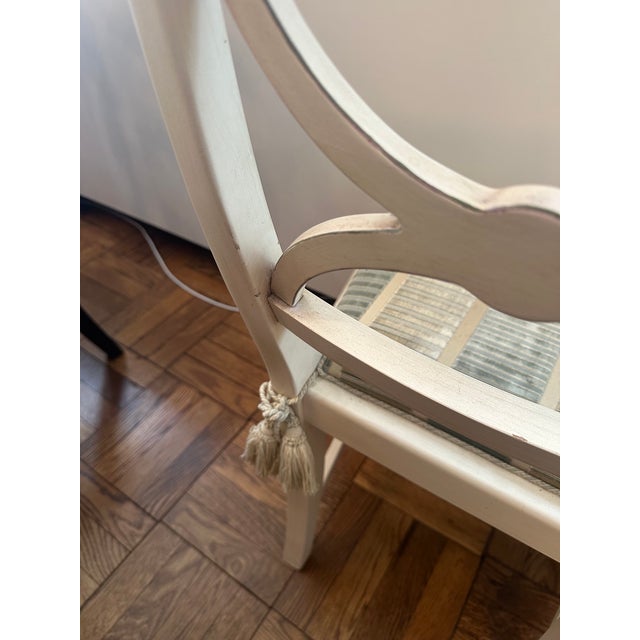 Wood Two Bellman Chairs, White Lacquered With Gold Cilding, New Upholstered Seats and Chair Ties For Sale - Image 7 of 15