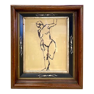 Mid Century Female Nude Sketch in an Antique Wood and Reverse Painted Glass Frame For Sale