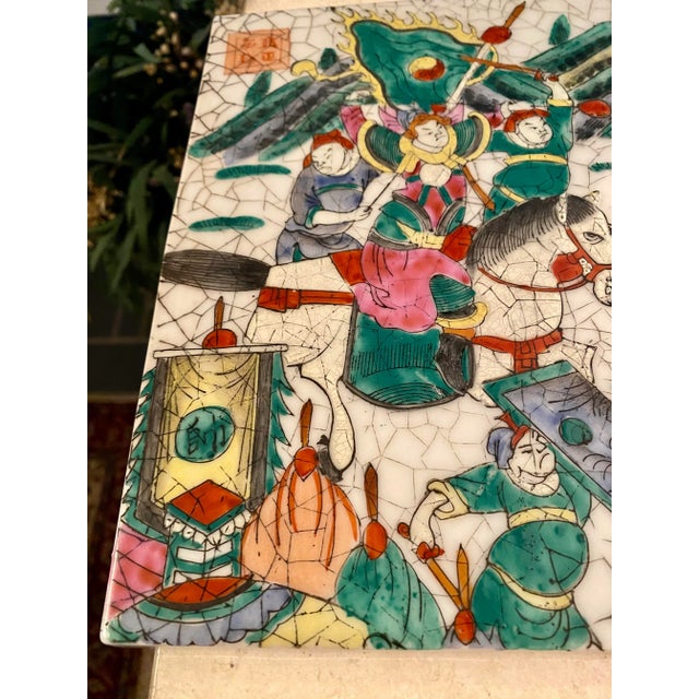 Ceramic Antique Old Chinese Tile Plaque With Warriors and Crackle Finish For Sale - Image 7 of 13