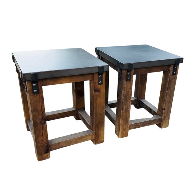 Farmhouse Restoration Hardware Rh Reclaimed Wood & Aged Zinc Strap Side Tables – Rustic Industrial Farmhouse Accent Tables For Sale - Image 3 of 16