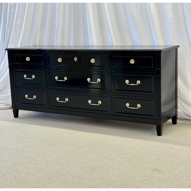 Hollywood Regency Ebony Dresser, Sideboard, Chest, Commode or Cabinet, Bronze For Sale - Image 4 of 13