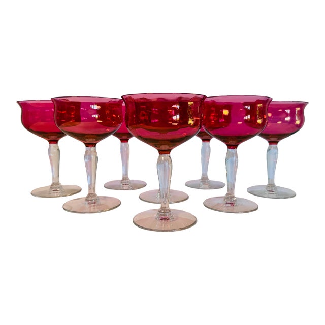 Vintage 1960s Cranberry Iridescent Glass Coupe Stems, Set of 8 For Sale