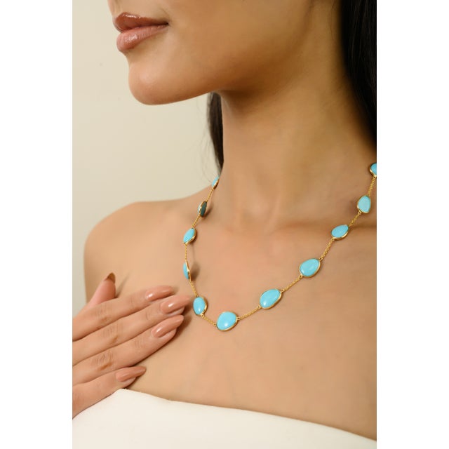 Mid 20th Century Boho Chic Style 24.26 Ct Turquoise Cabochon Station Necklace in 14k Gold For Sale - Image 5 of 14