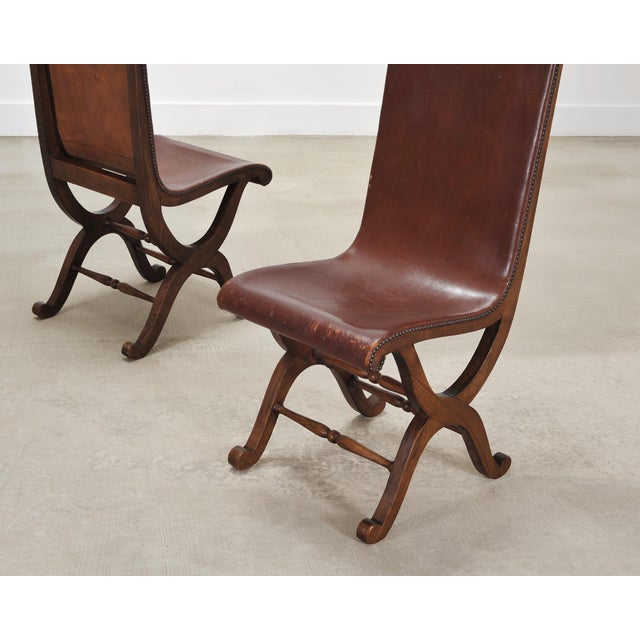 Wood Set of Eight French Provincial Leather Oak Curule Dining Chairs For Sale - Image 7 of 18