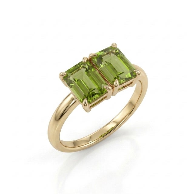 Contemporary 18k Gold Plated Emerald-Cut Peridot Toi Et Moi Engagement Ring Us 7 For Sale - Image 3 of 4